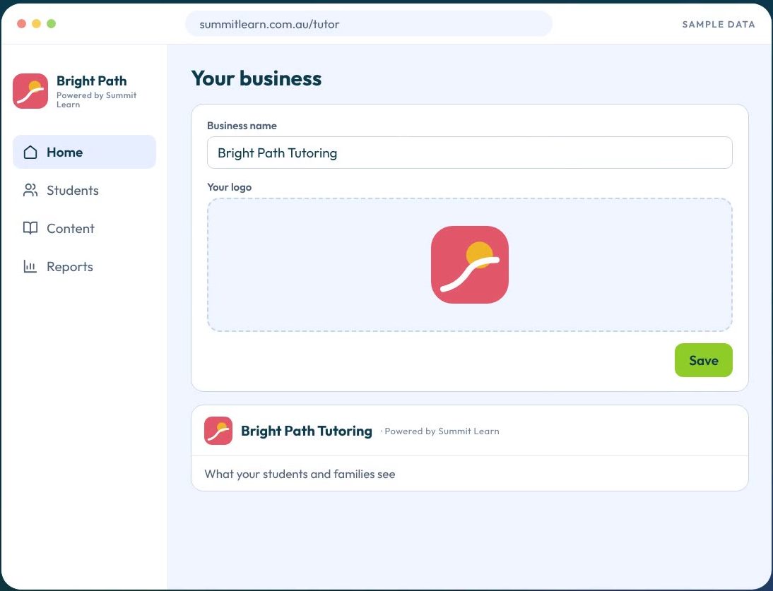 The business settings screen where a tutor uploads their logo